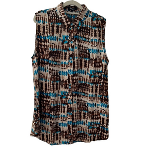 Papa Sleeveless Patterned Top - Brown and Blue button front NWT